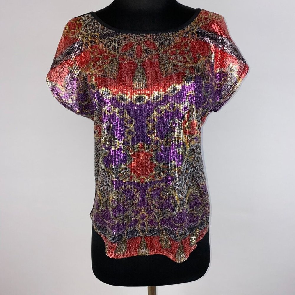 Bongo Juniors S Patterned Sequin Front Dolman Sleeve Round Hem Top Knit Back Y2K